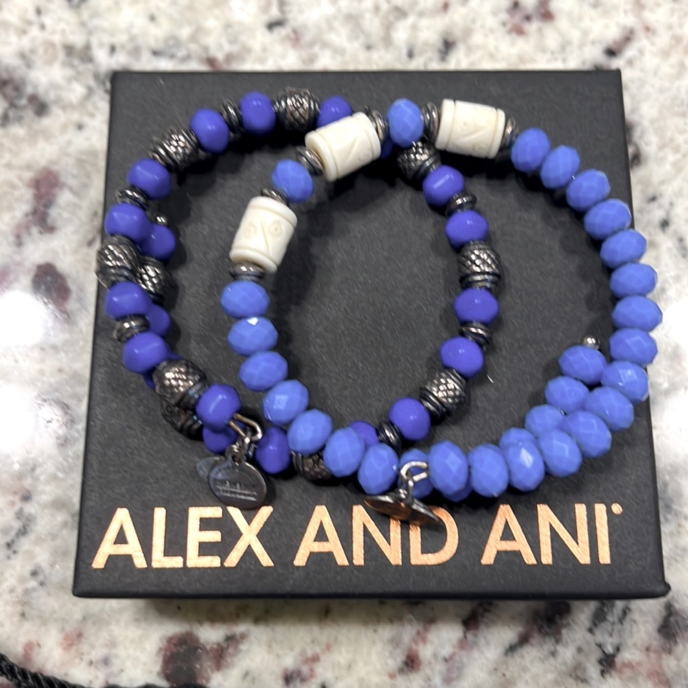 Alex and Ani vintage silver blue bead set
